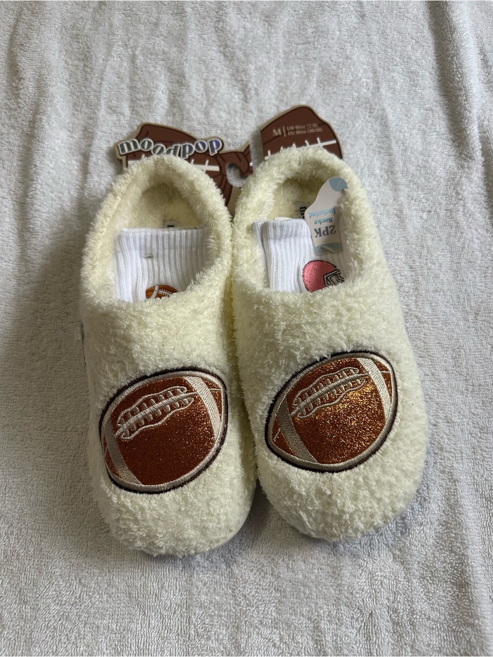 Cream Fuzzy Slippers with Glitter Football Patch